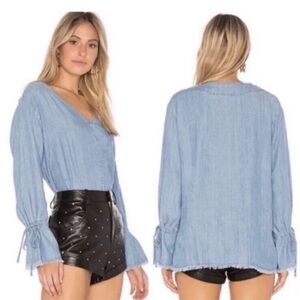 Rails Zimi Top -- Linen Blend Denim Blouse with Frayed Hem XS